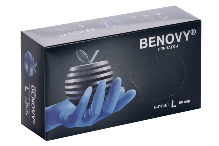 Перчатки нитриловые неопудр.Benovy L Голубые прочные 50 пар.упак)
