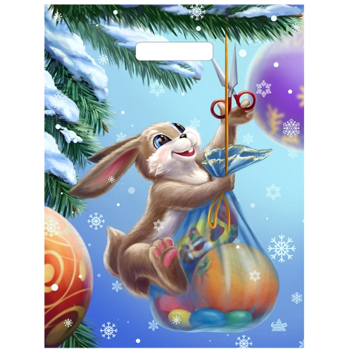 НГ Пакет проруб ручка 31х40  60мкр ПВД "Зайка с подарками" /50шт./Тико глянец