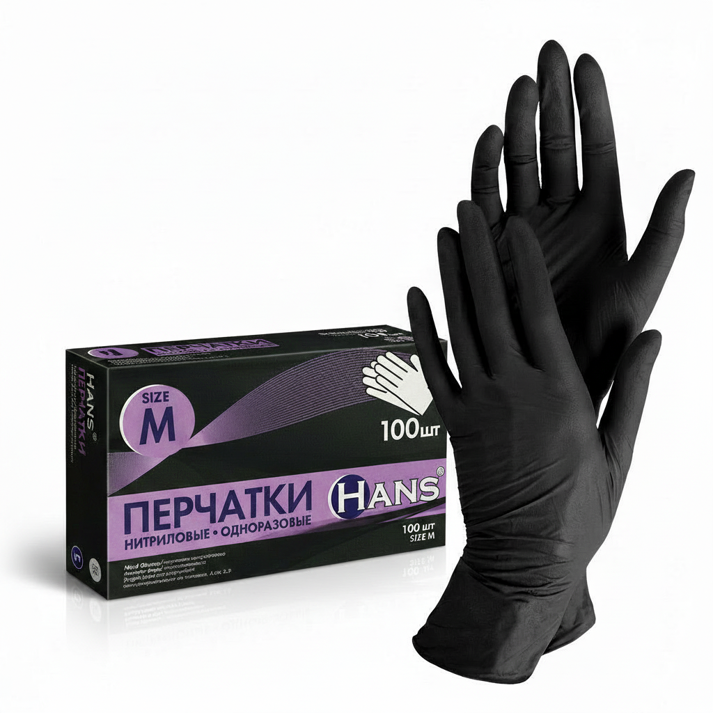 Перчатки нитриловые неопудр.L Чёрные HANS (100шт/упак)